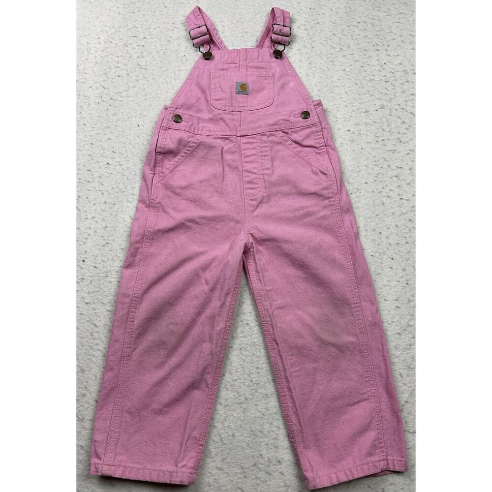 Carhartt Girls Size 3T Loose-Fit Pink Canvas Bib Overalls 100% Cotton